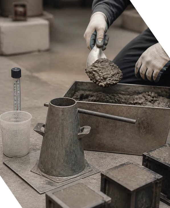 Испытание бетонной смеси в строительной лаборатории в Можге